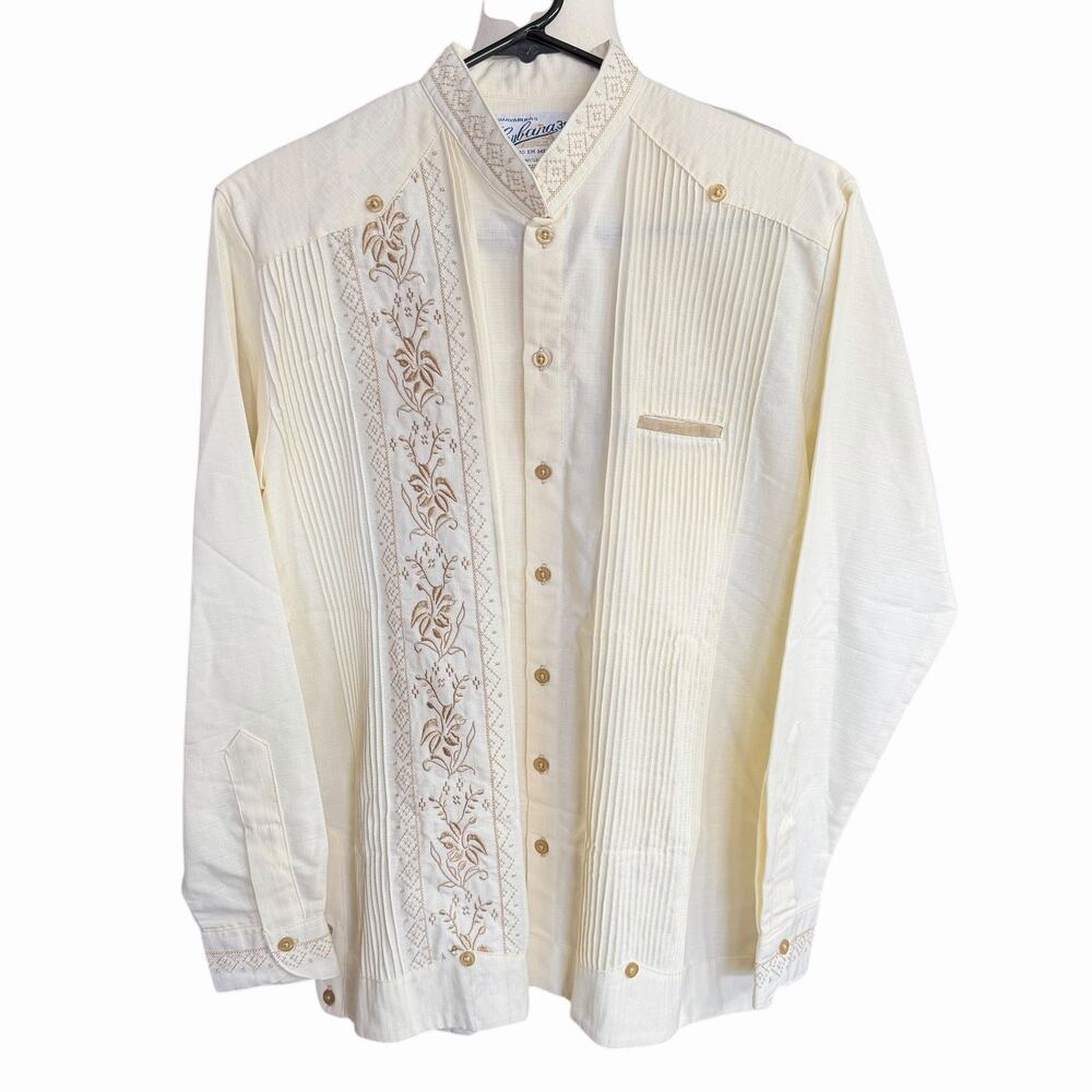 Cubana Guyaberas Shirt Men's Linen Embroidered Cream 38 Made In Mexico